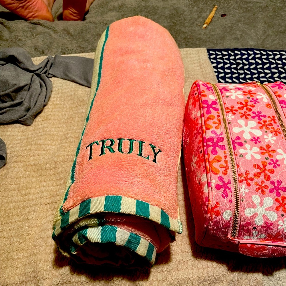 Truly beauty’s SpongeBob makeup travel bag. And a. Truly Beauty Beach Towel